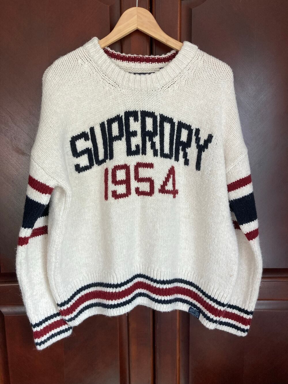 Superdry - Preppy Relaxed Chunky Knit Varsity Sweater Sleeve Stripes- US12/UK 16